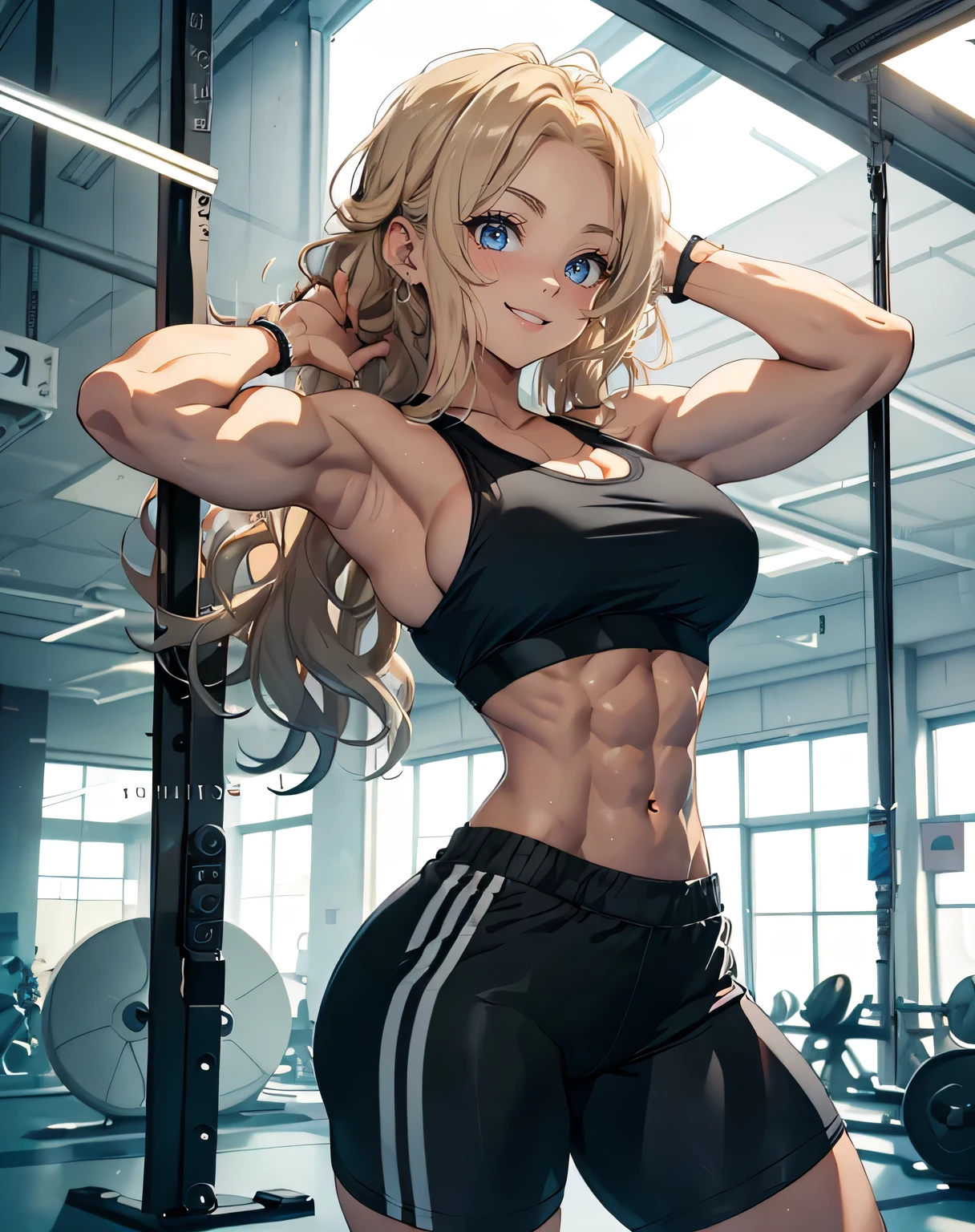 1girl, (Blue Eyes), (smiling :1.2), (Sana Minatozaki), wide hips, Big tits, big ass, (Best Quality, 8k, Masterpiece: 1.3), Clear Focus: 1.2, Perfect Body Beauty: 1.4, (strong abs :1.4), (abs :1.2), Highly detailed face and skin texture, detailed eyes, double eyelids, (blonde long wavy hair :1.2), (black sport tanktop :1.2), (black sport shorts :1.2), standing, dynamic pose, in a gym