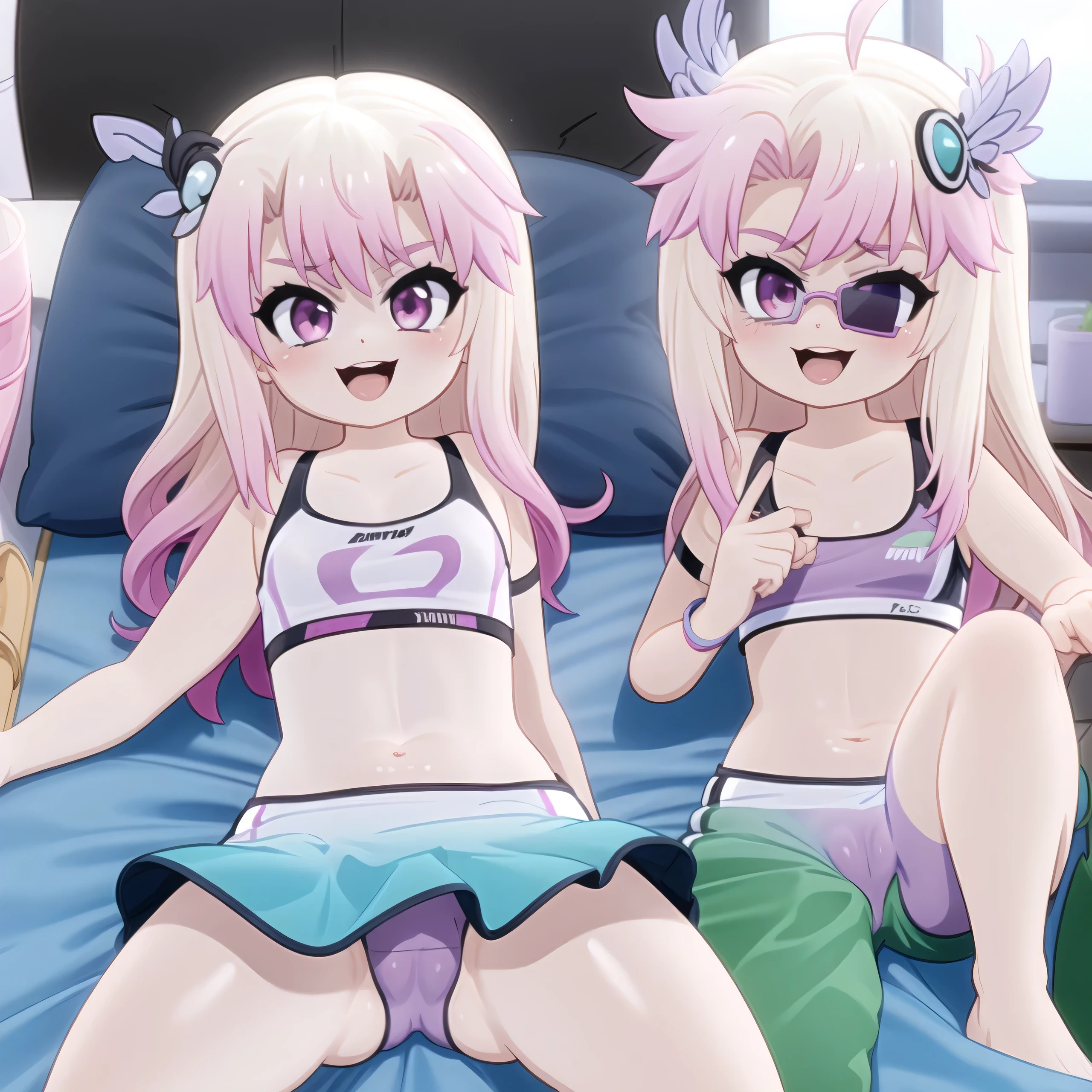 By mantis-x, young girls, pink skirt, sports bra, cameltoe, happy, caress belly, horny, sexy, pink hair, sunglasses, lying on the bed