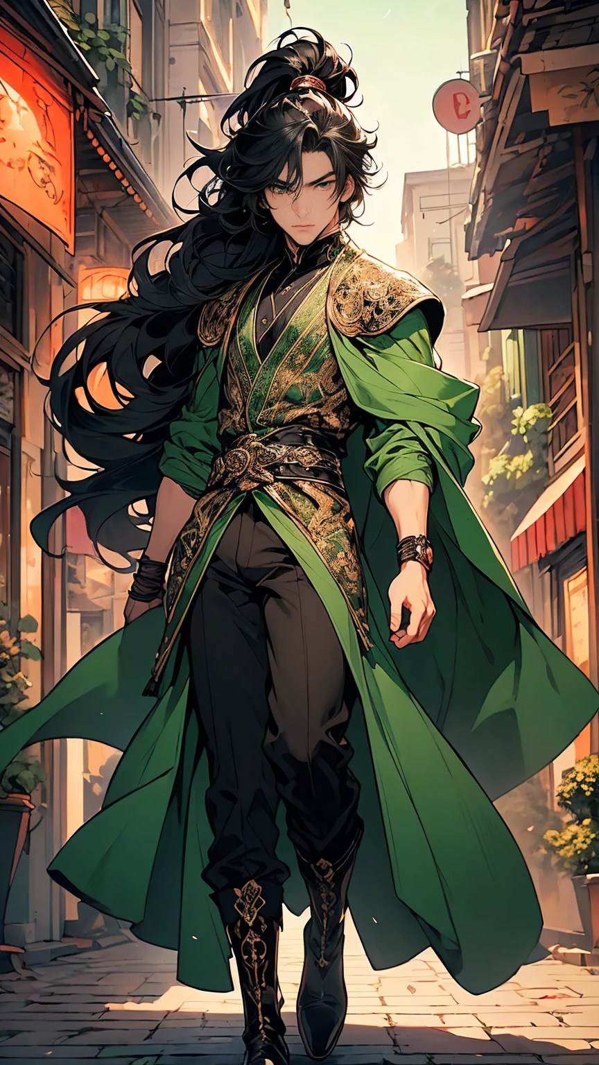 (masterpiece, Best quality, a high resolution, ultra detailed), (beautiful and aesthetically pleasing: 1.2), ((1 man)), adult, ((black hair)), ((long wavy ponytail hair)), ((Green eyes)), Male focus, male body, (slight smile: 0.8), detailed eyes and face , Full length figure, open cardigan, silk scarf, skinny pants, ankle boots, city street background, intricate details, dim lighting,