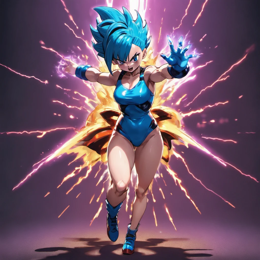 Anime style, bulma variation, gothic clothing, darkened theme background, super sayian 3 female, blue lightning, full body, 3D Image