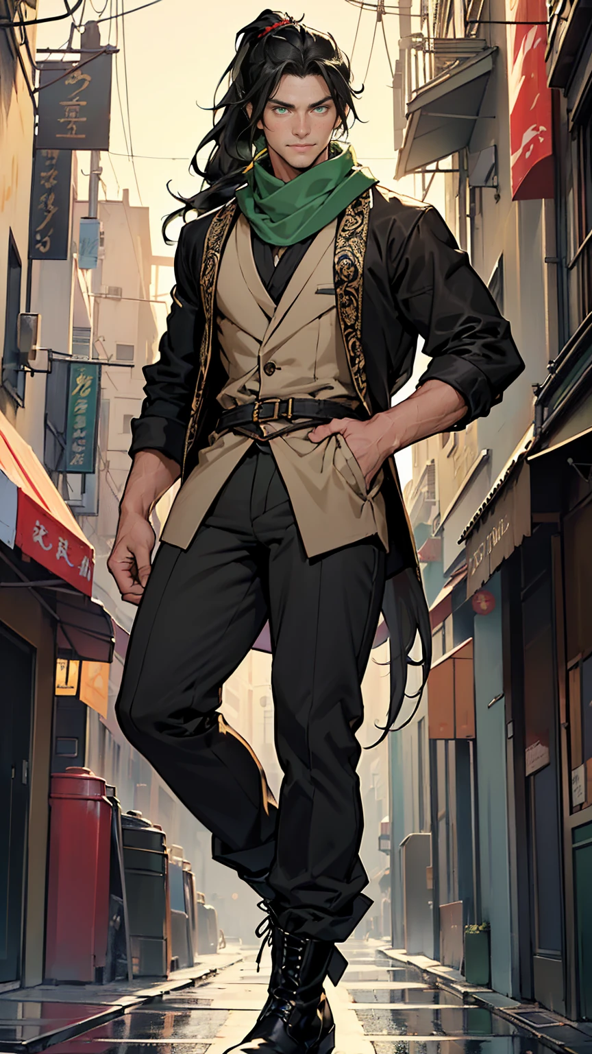 (masterpiece, Best quality, a high resolution, ultra detailed), (beautiful and aesthetically pleasing: 1.2), ((1 man)), adult, ((black hair)), ((long wavy ponytail hair)), ((Green eyes)), Male focus, male body, (slight smile: 0.8), detailed eyes and face , Full length figure, open cardigan, silk scarf, skinny pants, ankle boots, city street background, intricate details, dim lighting,