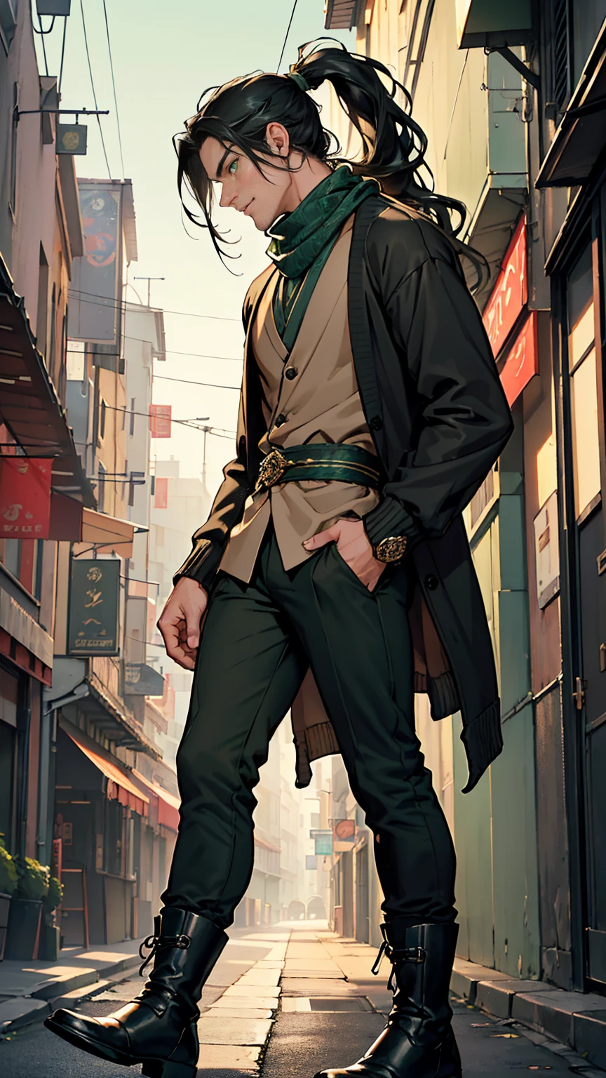 (masterpiece, Best quality, a high resolution, ultra detailed), (beautiful and aesthetically pleasing: 1.2), ((1 man)), adult, ((black hair)), ((long wavy ponytail hair)), ((Green eyes)), Male focus, male body, (slight smile: 0.8), detailed eyes and face , Full length figure, open cardigan, silk scarf, skinny pants, ankle boots, city street background, intricate details, dim lighting,
