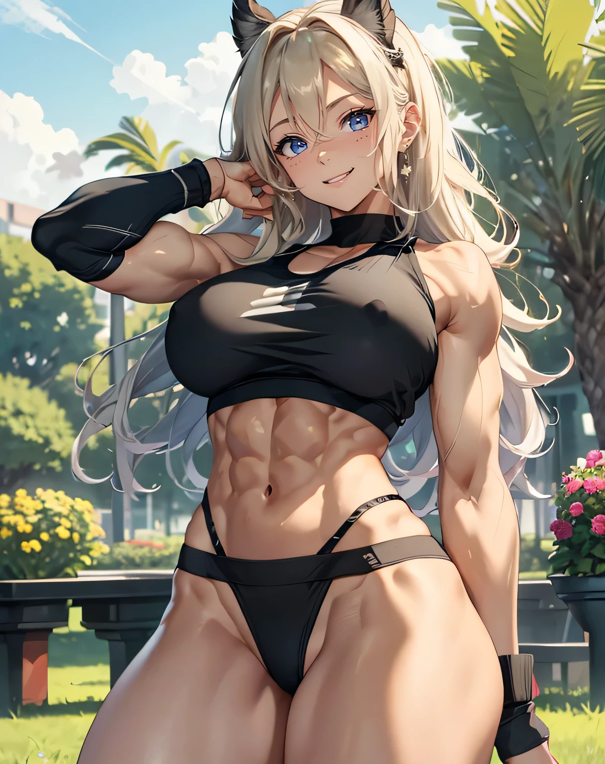 1girl, (Blue Eyes), (smiling :1.2), (Sana Minatozaki), wide hips, Big tits, big ass, (Best Quality, 8k, Masterpiece: 1.3), Clear Focus: 1.2, Perfect Body Beauty: 1.4, (strong abs :1.4), (abs :1.2), Highly detailed face and skin texture, detailed eyes, double eyelids, (blonde long hair :1.2), muscular, muscular female, thighs, leg muscles, (black sport tanktop :1.2), (black sports panties :1.2), standing, dynamic pose, in a park whit flowers in the background