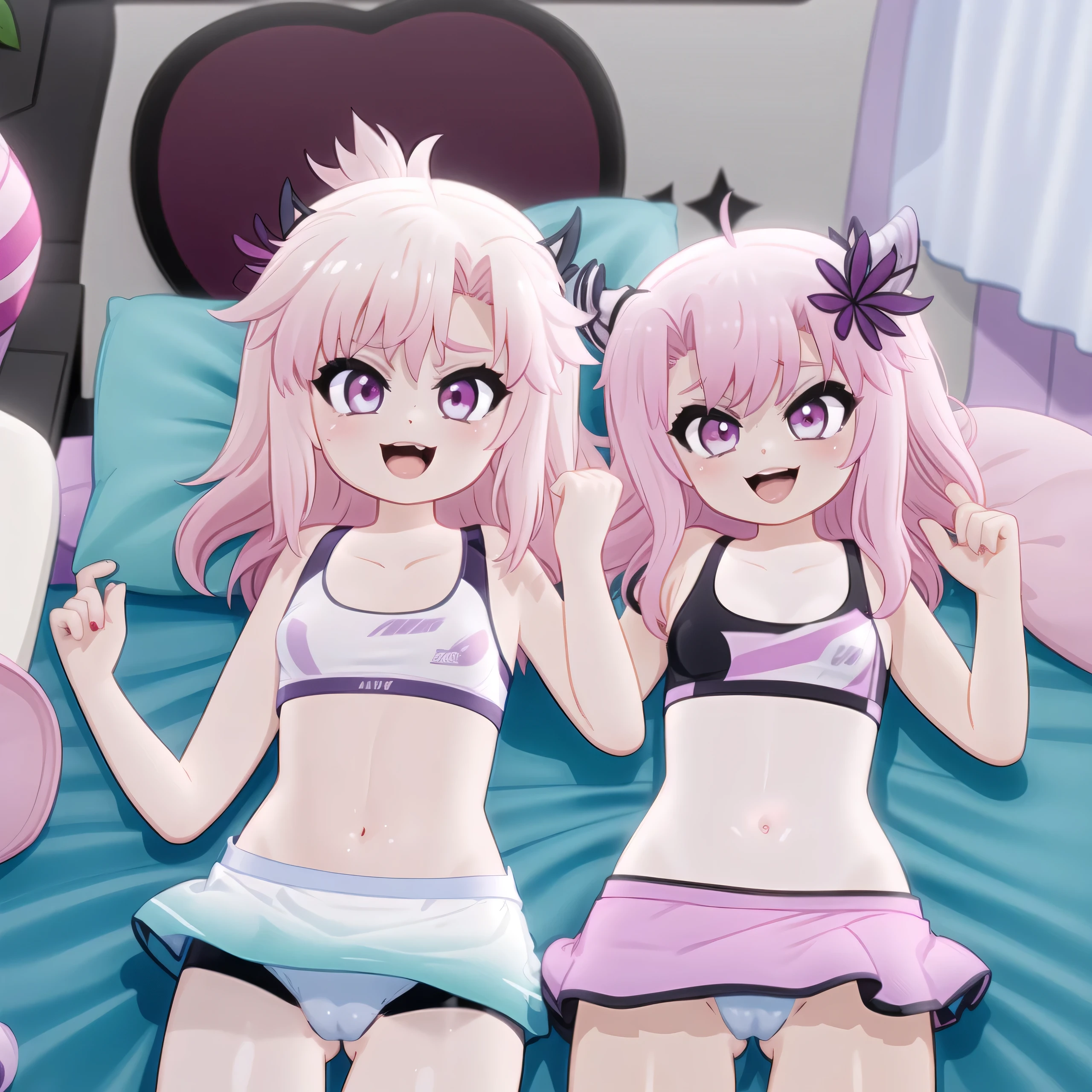 By mantis-x, young girls, pink skirt, sports bra, cameltoe, happy, caress belly, horny, sexy, pink hair, sunglasses, lying on the bed