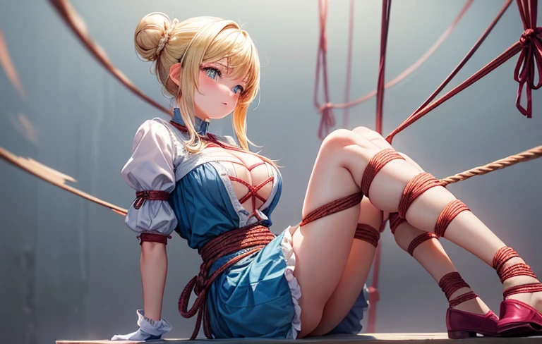 piperBS, 1girl, blonde hair, hair bun, blue dress, puffy sleeves, short sleeves, pink gloves, fingerless gloves, pink belt, shoes, blue footwear, cute and blushing 18 years old anime girl, look away because she is embarrassed and blushes, bright blue eyes, detailed face, detailed members, detailed arms, detailed hands, Girl lying, tied by ropes, shackled, can no longer move, tied tightly, very hard tied up with lots of ropes, hampered by so many ropes that she can no longer move, bound hands and feet, ropes tie his whole body, tied extremely tightly and forcefully to her bed by a lot of ropes, its limbs are strongly tied together by ropes, his torso is tied up with thick cords, her chest is so tied up with ropes that it sticks out, her legs are tied tightly with thick ropes, his hands are tied behind his back with ropes, she can no longer move her feet, her hands which are tied by thick ropes, she desperately tries to free herself, likes to be tied tight with big ropes, likes to be immobilized by big ropes, lying down, his hands and feet are strongly tied to the railing of his bed, his legs are pressed together and tied with ropes, its limbs are held vigorously by imposing ropes, her hands are tied securely behind her back by ropes, her chest is compressed by strong ropes, she is pressed against her bed and restrained by large ropes, (shibari, arms behind the back:1.4), (hands on the back), (masterpiece, best quality) 1.5, 1girl, solo, (sexy, beautiful woman, perfect face, perfect eyes, perfect hands), samus aran, (hands on the back), Spread the legs, s' ((lie in bed by big ropes)), ((close up of the girl)), ((((lie in bed)))), ((((arms tied behind the back, Legs Tied,La fille est allongée sur le ventre, La fille est allongée sur le sol:1.5)))), ((((girl seen from behind:1.4)))), ((((girl lying down on her stomach:1.4)))), ((((Outstretched arms:1.5)))), ((((Detailed hands:1.5))))