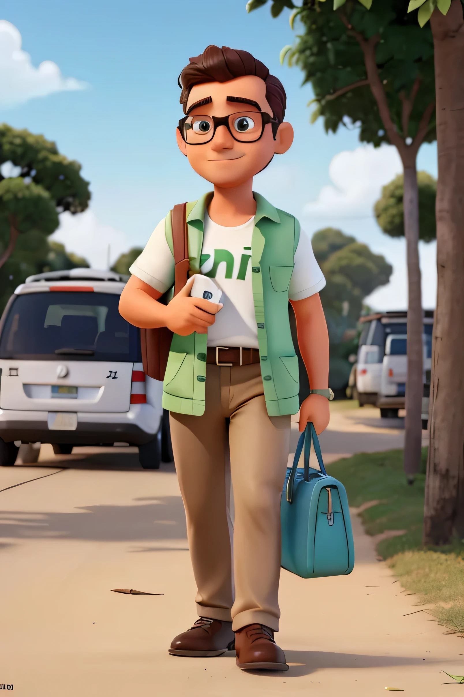 Homem de 40 anos branco, baixo, nem gordo nem magro, de cabelo cinza com duas entradas acentuada , with glasses, meio vesgo, camiseta verde, Brown pants, com cinto, with cell phone in one hand, and newspaper in the other hand, uma bolsa no ombro cruzando a frente do peito, investigator and journalist type chasing the news.coloque um jornal no lugar da bolsa