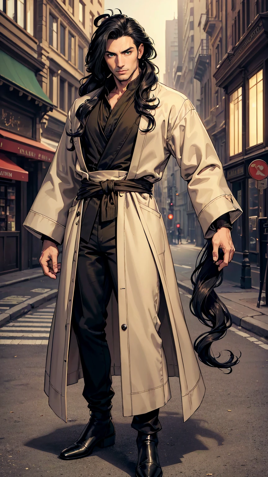 (masterpiece, Best quality, a high resolution, ultra detailed), (beautiful and aesthetically pleasing: 1.2), ((1 man)), adult, ((black hair)), ((long wavy ponytail hair)), ((Green eyes)), Male focus, male body, (slight smile: 0.8), detailed eyes and face , Full length figure, open cardigan, silk scarf, skinny pants, ankle boots, city street background, intricate details, dim lighting, 