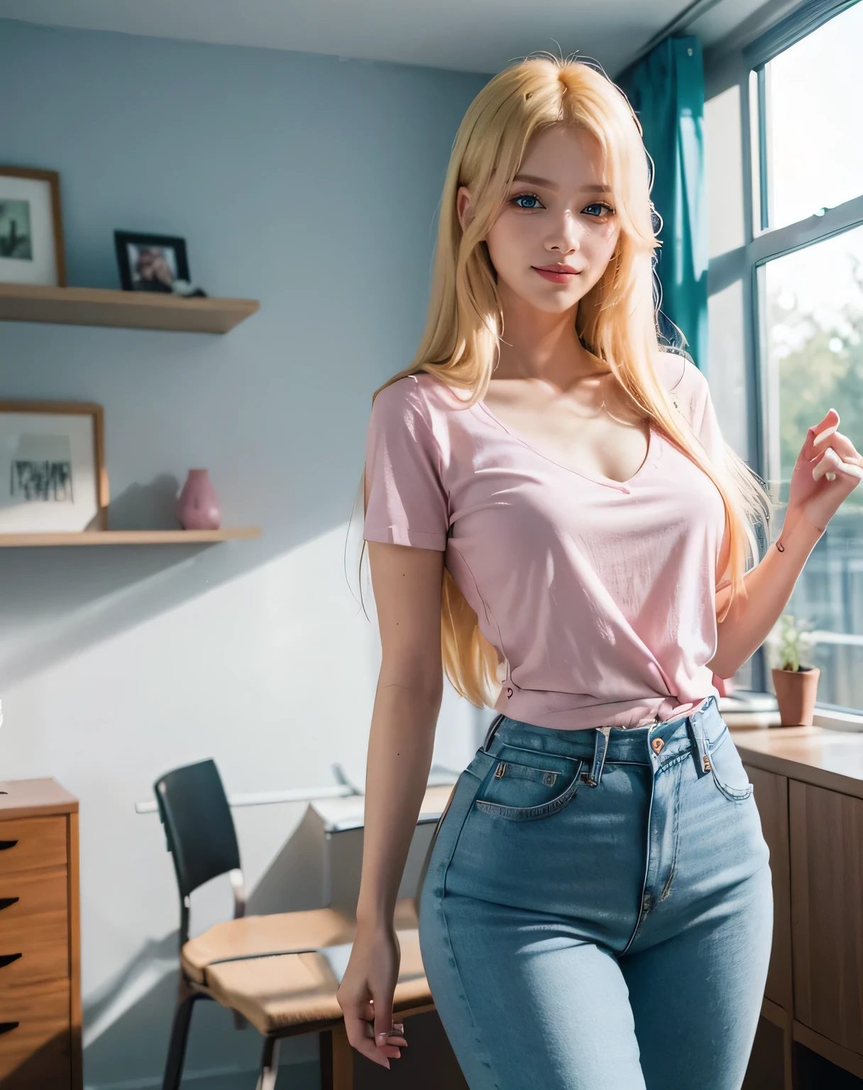 1girl, (Blue Eyes), (smiling :1.2), (Sana Minatozaki), (bright pink makeup :1.2), wide hips, Big tits, big ass, (thin waist: 1.2), (thick and toned thighs), (Best Quality, 8k, Masterpiece: 1.3), Clear Focus: 1.2, Perfect Body Beauty: 1.4, strong abs, Highly detailed face and skin texture, detailed eyes, double eyelids, (blonde long straight hair :1.3), (Pink v-neck t-shirt :1.2), (jeans), (close-up at face :1.3), standing, dynamic pose, in a living room