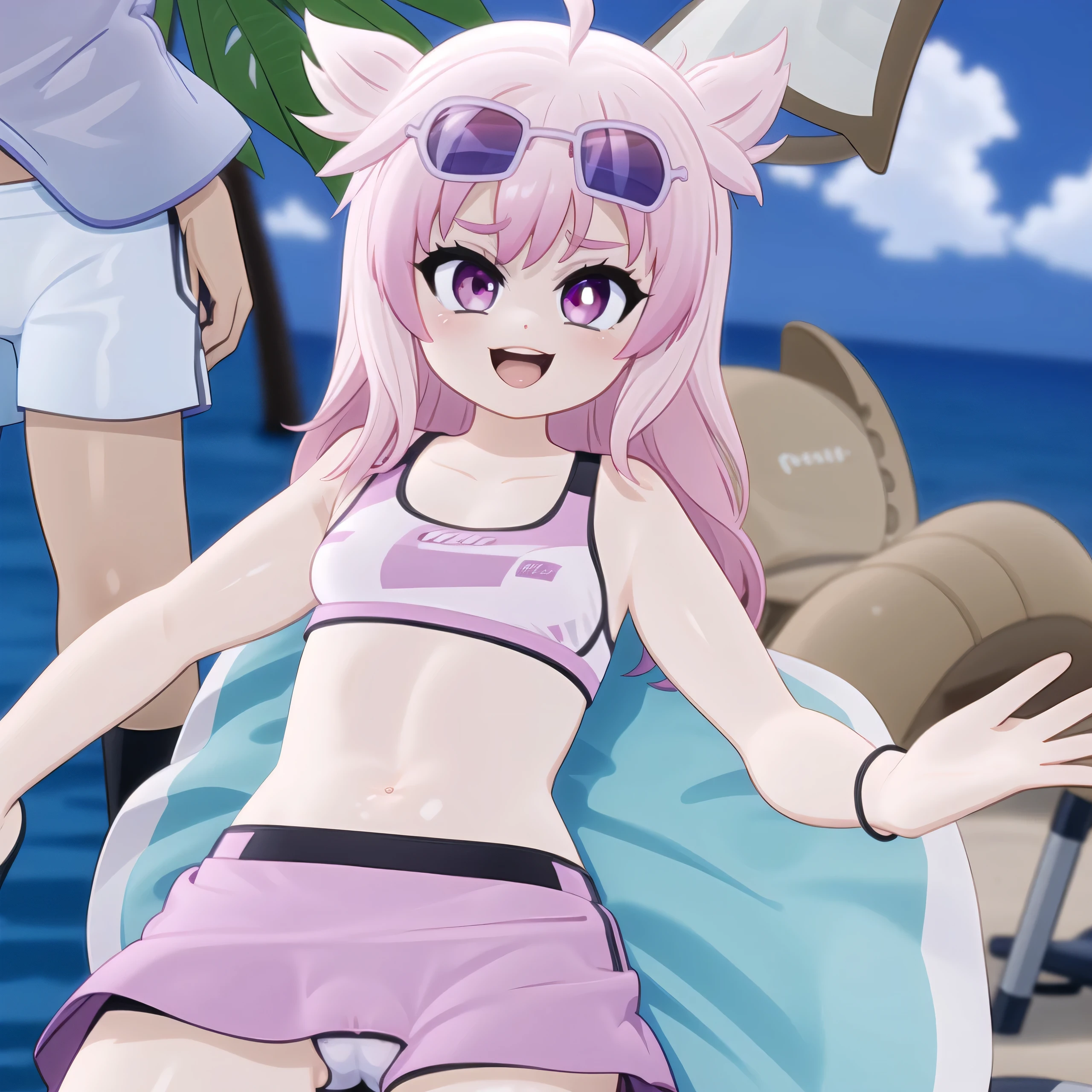 By mantis-x, young girls, pink skirt, sports bra, cameltoe, happy, caress belly, horny, sexy, pink hair, sunglasses, lying on the beach
