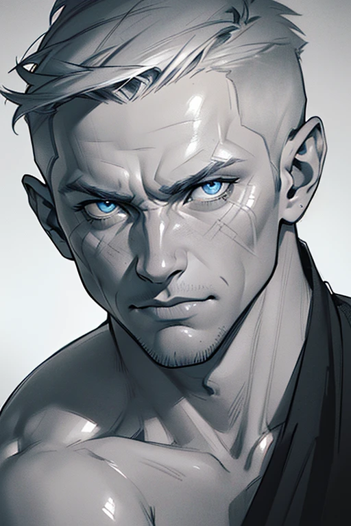 (grey-skinned rock-like polished man,blue eyes, short hair) (charcoal drawing,sketch,monochrome:black and white) (detailed facial features,cracked skin texture) (best quality,highres,masterpiece:1.2) (realistic,sharp focus) (gritty,shadowy) (subtle,ambient lighting)