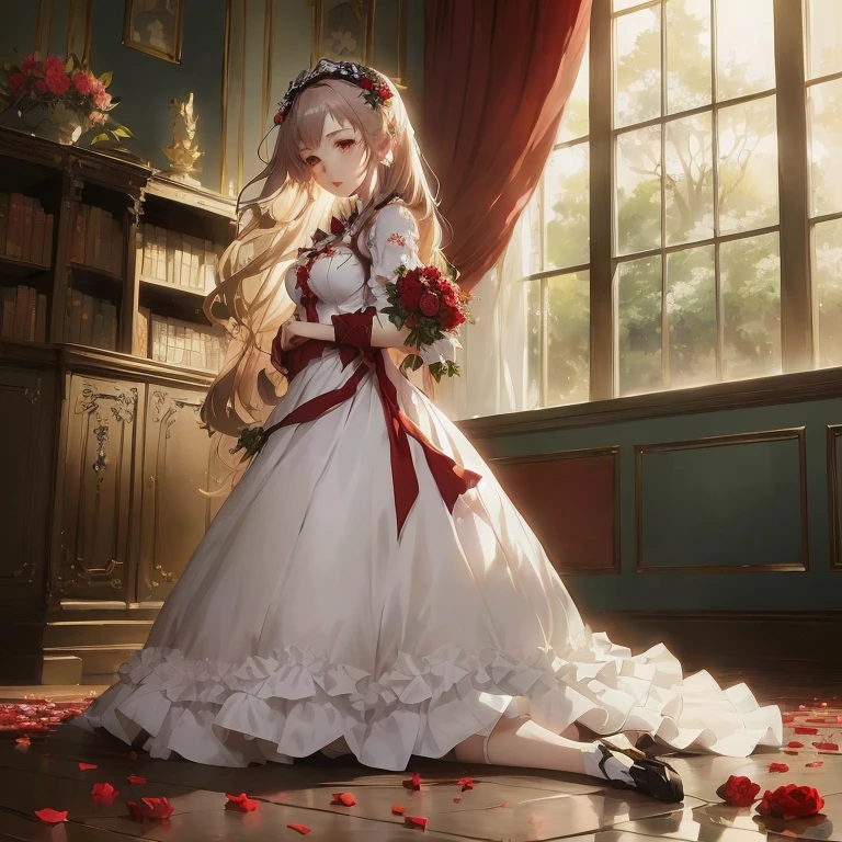 anime girl in white dress with red ribbon and flowers in room,  in dress, cute anime waifu in a nice dress, cushart krenz key art feminine, anime key visual of elegant, marin kitagawa fanart, epic light novel art cover, guweiz on pixiv artstation, portrait of lolita, gothic maiden anime girl, rin