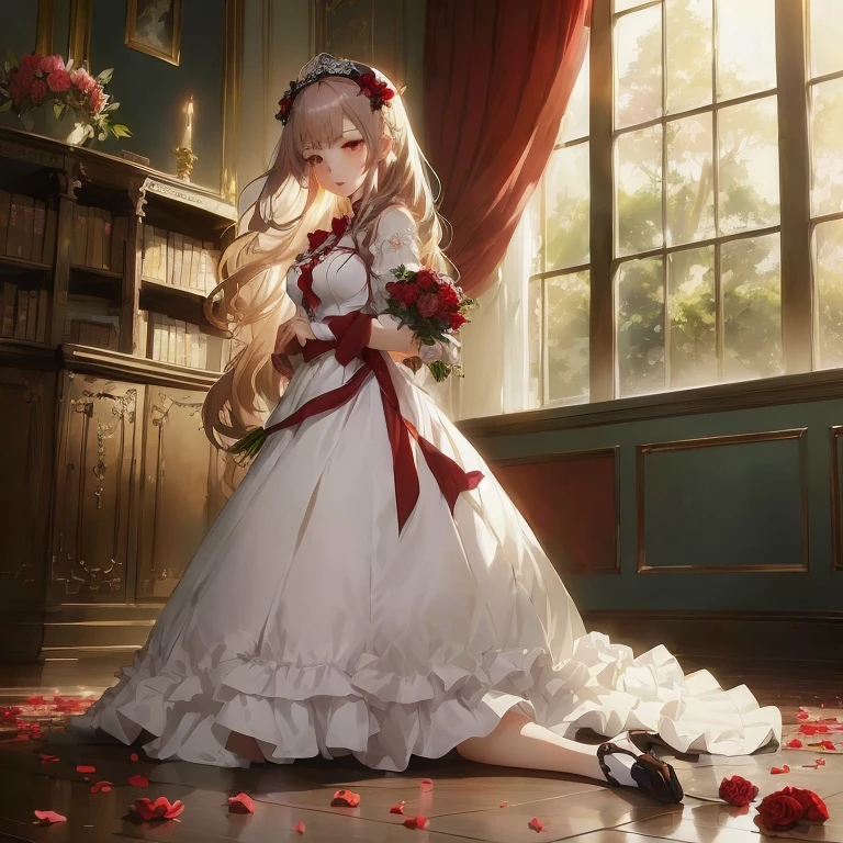 anime girl in white dress with red ribbon and flowers in room, in dress, cute anime waifu in a nice dress, cushart krenz key art feminine, anime key visual of elegant, marin kitagawa fanart, epic light novel art cover, guweiz on pixiv artstation, portrait of lolita, gothic maiden anime girl, rin
