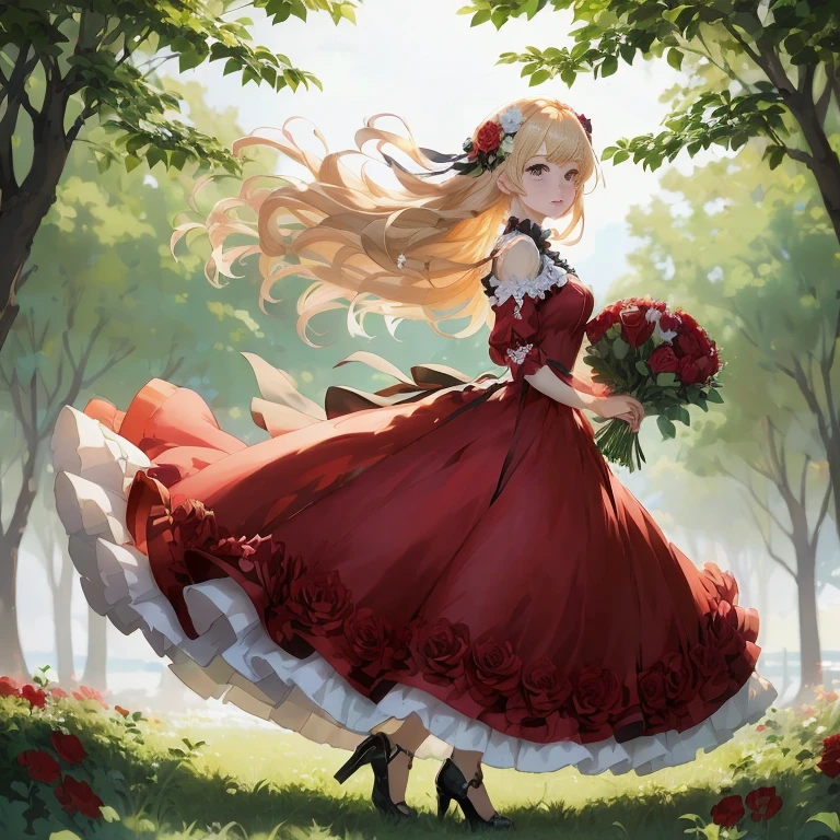 anime girl in red dress with flowers in hand and trees in background, in dress, cushart krenz key art feminine, cute anime waifu in a nice dress, blonde - haired princess, portrait of ta, guweiz on pixiv artstation, beautiful anime, beautiful anime art style, beautiful anime style, beautiful maiden, beautiful anime art,