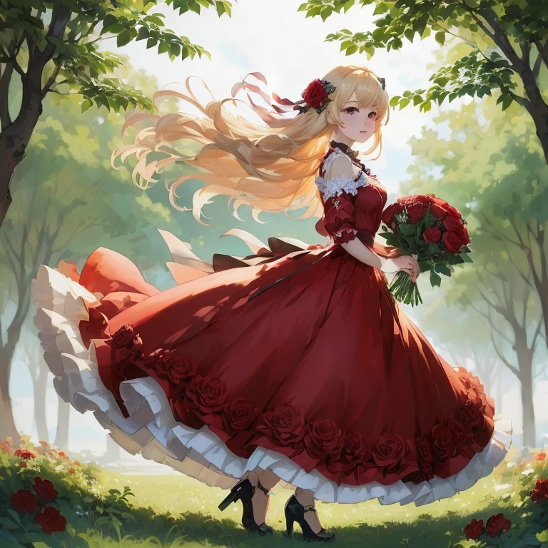 anime girl in red dress with flowers in hand and trees in background,  in dress, cushart krenz key art feminine, cute anime waifu in a nice dress, blonde - haired princess, portrait of lolita, guweiz on pixiv artstation, beautiful anime, beautiful anime art style, beautiful anime style, beautiful maiden, beautiful anime art, 