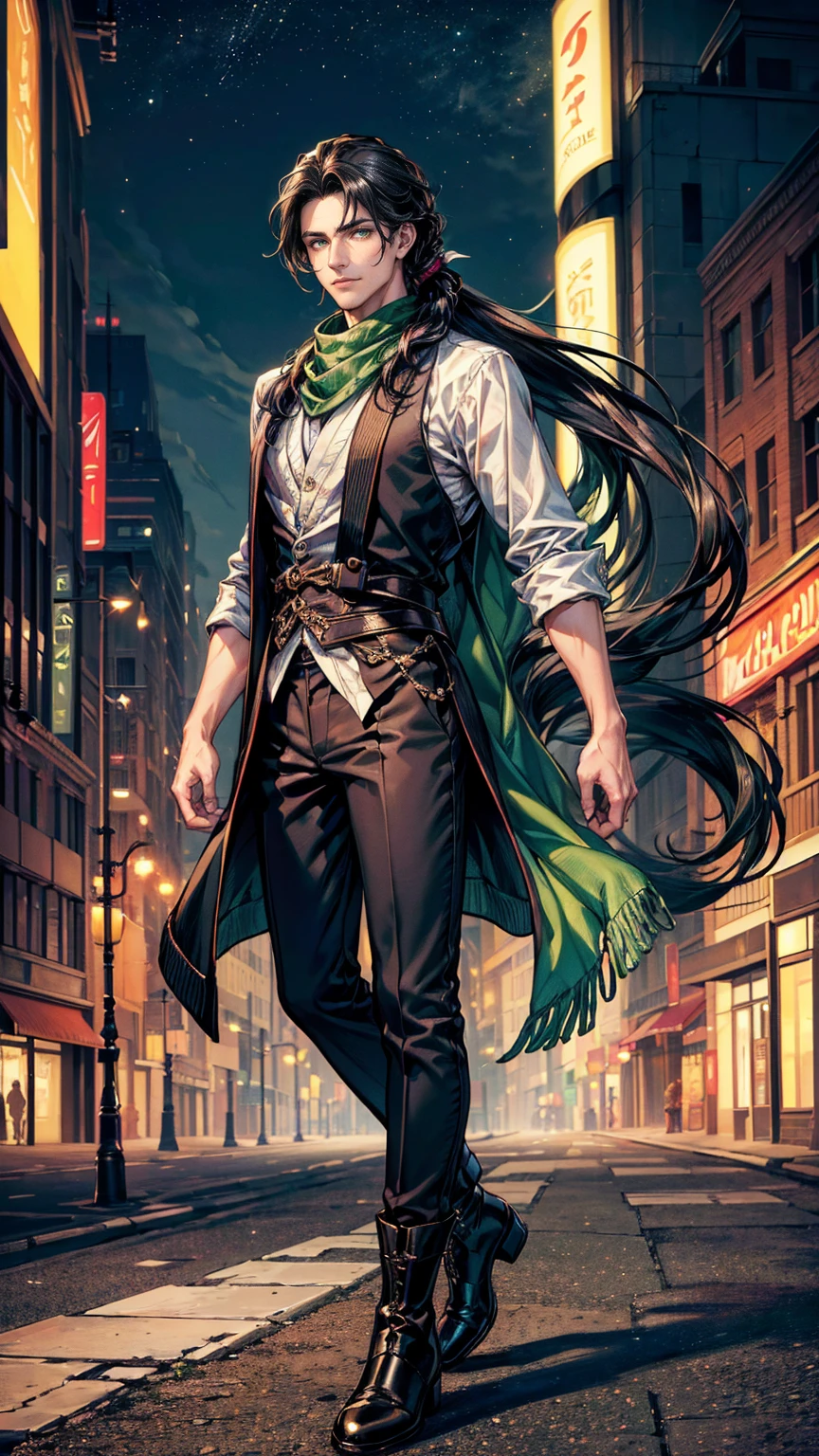 (masterpiece, Best quality, a high resolution, ultra detailed), (beautiful and aesthetically pleasing: 1.2), ((1 man)), adult, ((black hair)), ((long wavy ponytail hair)), ((Green eyes)), Male focus, male body, (slight smile: 0.8), detailed eyes and face , Full length figure, open cardigan, silk scarf, skinny pants, ankle boots, city street background, intricate details, dim lighting, 