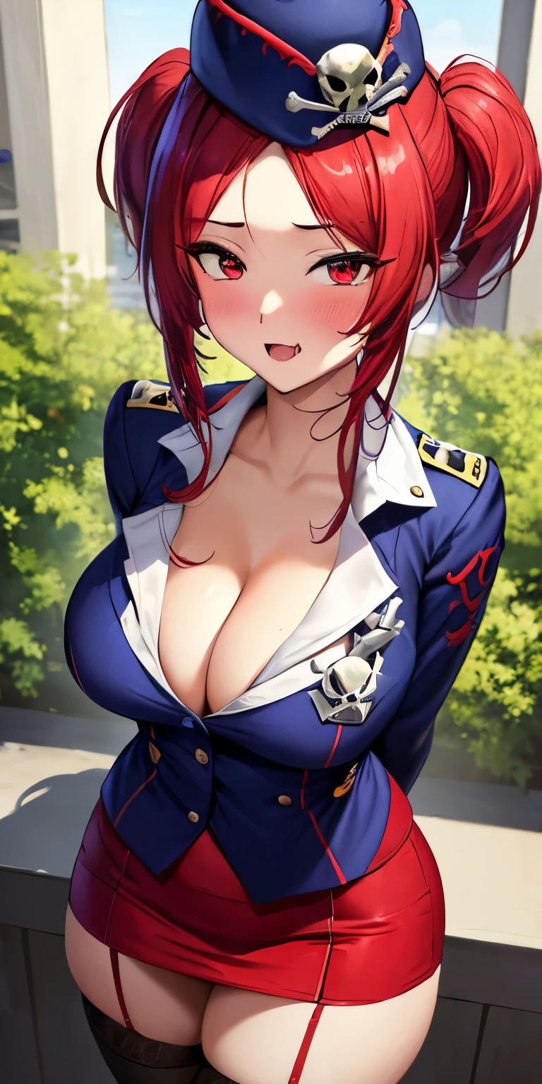 masterpiece, best quality, ultra-detailed, illustration,masterpiece, Best quality, high resolution, high resolution, 1girl, solo, red hair, red eyes, twintails, employee uniform, pencil skirt, tight skirt,miniskirt,skull print, navy cap, fang, black legwear, white gloves,beautiful detailed eyes, looking at viewer in a seductive look, close up, (breast focus), (arms behind back:1.2), (from above:1.1),big sized breasts, attempt to seduce,blush, cleavage ,(wide thighs)