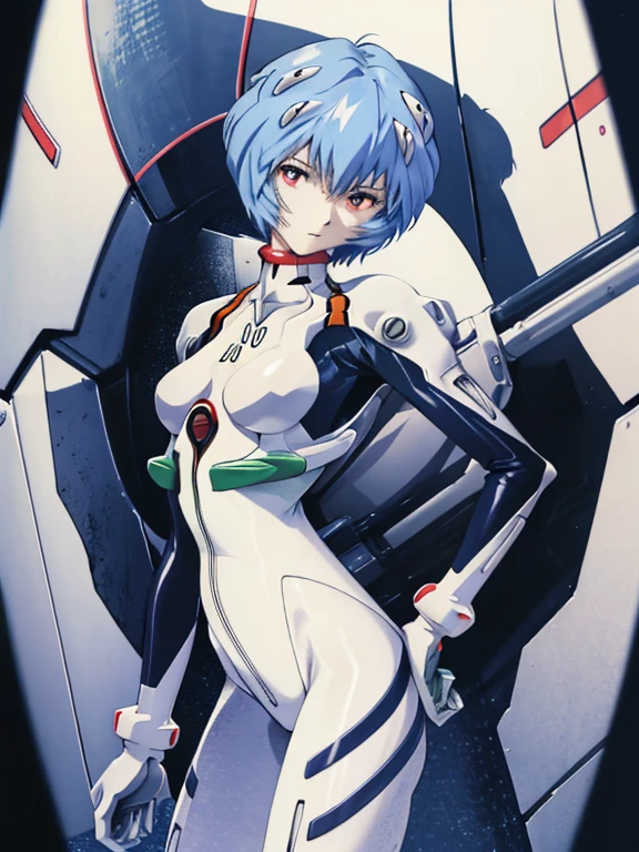 (masterpiece, best quality), (absurdres absolutely resolution), (8k), (detailed beautiful face and eyes), (detailed illustration), (super fine illustration), (vibrant colors), (professional lighting), (nice hands, perfect hands), BREAK, from back, cinematic angle, cowboy shot, (stylish pose:1.3), BREAK, (in neon genesis evangelion style), (ayanamirei), (rei ayanami), 1 girl, breasts, pale porcelain skin, shiny hair, (big eyes:1.2), BREAK, expressionless, (plugsuit), interface headset, BREAK, (night:1.3), indoors, (darkness:1.3), (NERV Underground Base:1.3), (magnificent view), (cinematic lighting), (depth of field), add_detail:1,