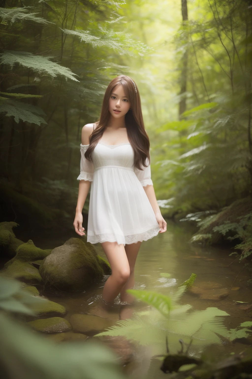 (masterpiece、high resolution)、A beautiful girl lost in the depths of a virgin forest、gravure、Supermodel、