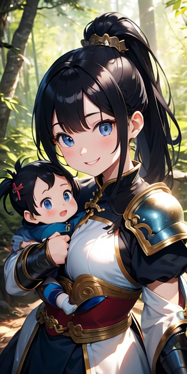 Highest quality、high quality、detailed、Asahi、Sunlight filtering through the trees、in the forest、Girl in armor、Black Hair、ponytail、hair ornaments、Blue Eyes、Baby dragon on shoulder、smile