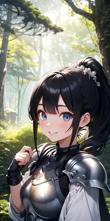 Highest quality、high quality、detailed、Asahi、Sunlight filtering through the trees、in the forest、Girl in armor、Black Hair、ponytail、hair ornaments、Blue Eyes、Baby dragon on shoulder、smile