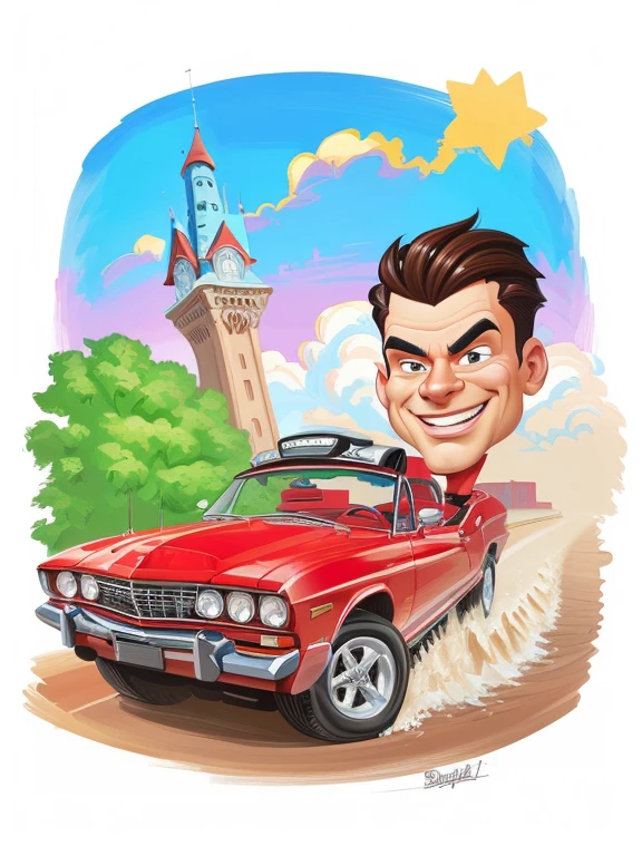 Digital painting, 4k, a caricature of a man driving a red car with a tower in the background, caricature illustration, caricature style, digital cartoon painting art, air brush illustration, CARTOON ARTstyle, digital cartoon painting , caricature, cartoon painting, caricature!!!, cartoon style illustration, digital art cartoon, cartoon digital art, caricature, CARTOON ART, in cartoon style, cartoon portrait