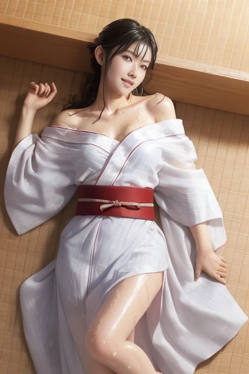 ((Full Body Shot:1.5)),((lying on her back:1.5)),(Sleeping on a tatami mat:1.3),((Yukata without belt:1.5)),((Normal position foot shape:1.5)),((top angle camera shot:1.5)),(leg focus),(small woman),(The entire thigh is visible:1.5),(Thin thighs),((medium long hair:1.3)),(a mole under the corner of the right eye:1.2),8K, masutepiece, Raw photo, Best Quality, Photorealistic, Highly detailed CG Unity 8k wallpaper, depth of fields, Cinematic Light, Ray tracing, (Extremely beautiful face, Beautiful lips, Beautiful eyes), intricate detail face, ((Ultra detailed skin)) 1girl in, In the Dark, deepshadow, Pretty Korean girl, Kpop Idol, ((1 girl)), (Very slim and slender fit muscular body:1.3),((Looking at Viewer)),(smile:1.0),(No people in the background:1.3), Clear eyes, (pale skin), (Big eyes), (Brown hairs),((Hot Spring Yukata:1.3)),((off shoulder:1.3)), ((Yukata:1.3)), ((Yukata that is wet:1.3)), ((Transparent yukata:1.3)), ((Long-slit thighs:1.3)),((Short yukata:1.5)),opened breast, Very slim, medium breasts, Before the eyebrows,((I can see her cleavage)), D cup breasts,((My body is soaking wet:1.3)),