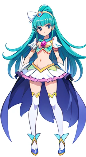 (((Best Quality))) , ((full body)), female, reference sheet, solo, (white background), precure costume, midriff