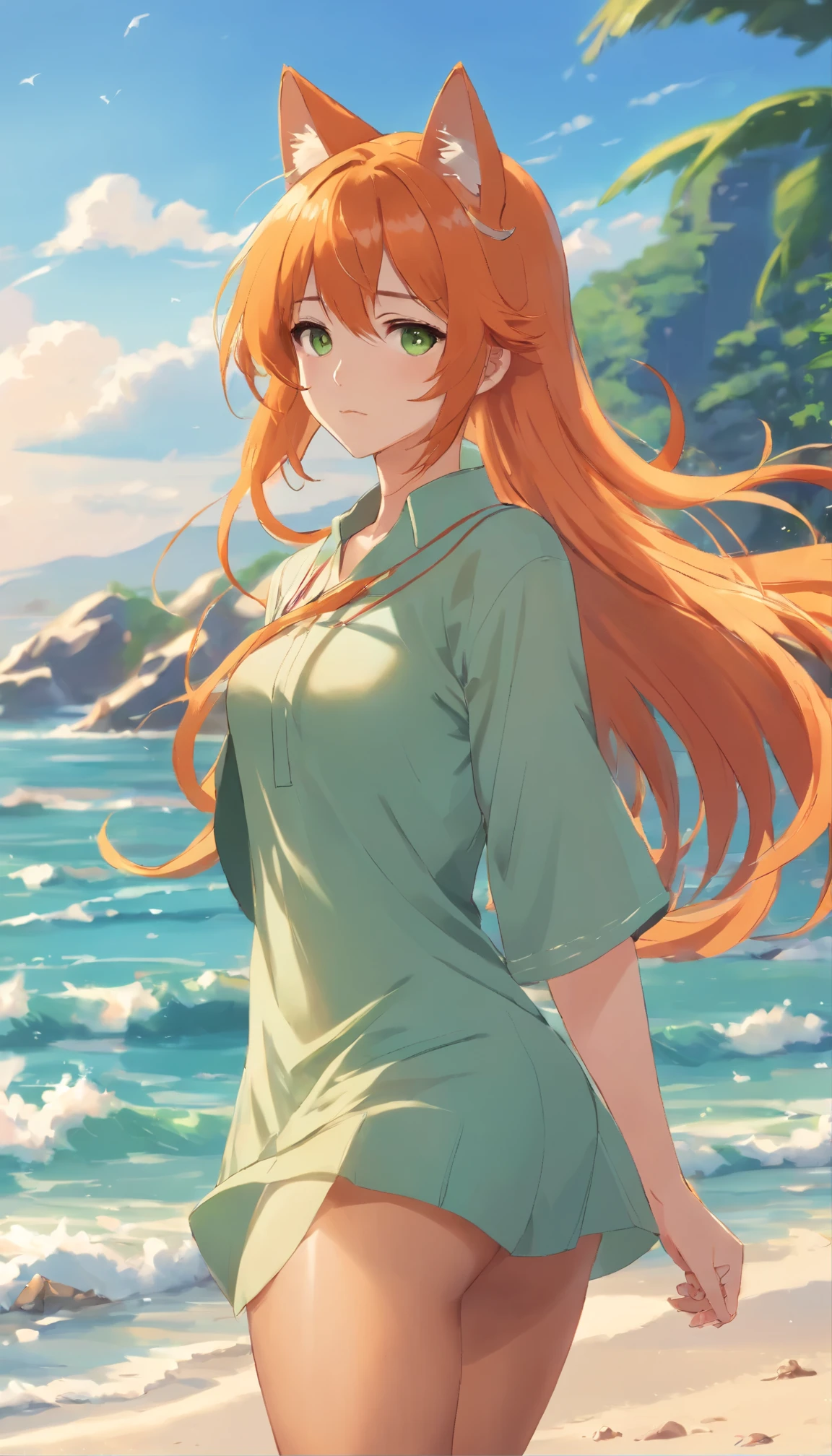 anime girl with long orange hair standing on beach near ocean, green eyes detailed digital anime art, cat ears, , anime girl with long hair, smooth anime cg art, anime girl with long hair, digital anime art, artwork in the style of guweiz, beautiful anime portrait, photorealistic anime girl render, beautiful anime girl, advanced digital anime art, pantyhose, guweiz on artstation pixiv upscale HD UHD HQ
