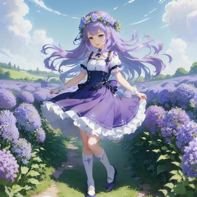 anime girl in a purple dress and a flower crown in a field of flowers, the non-binary deity of spring, official artwork, anime visual of a cute girl, deity of hydrangeas, standing in a flower field, marin kitagawa fanart, cushart krenz key art feminine, anime moe artstyle, guweiz, shirabii