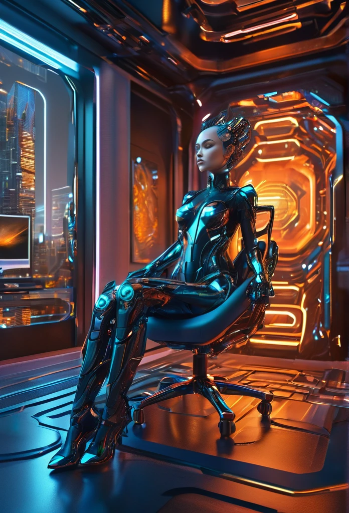 (high quality, ultra-detailed, photorealistic)(office interior, skyscraper:1.2,big city) A female cyborg sitting leisurely in a luxurious chair, with her feet up, interacting with the futuristic environment around her. She exudes elegance and sophistication. The chair features exquisite design and intricate parts showcasing fine craftsmanship. The cyborg's body is half-human and half-machine, with meticulously detailed trimmings accentuating her slender form. The office is magnificently designed with sleek and modern architecture. The scene is bathed in HDR lighting with vibrant and vivid colors, creating a breathtaking visual appeal. The cyborg's body is rendered with hyper-realistic detail, including natural skin textures and soft lighting to enhance the atmosphere. This artwork captures the fusion of technology, beauty, and complexity, resulting in a masterpiece that immerses the viewer in a futuristic yet familiar world.