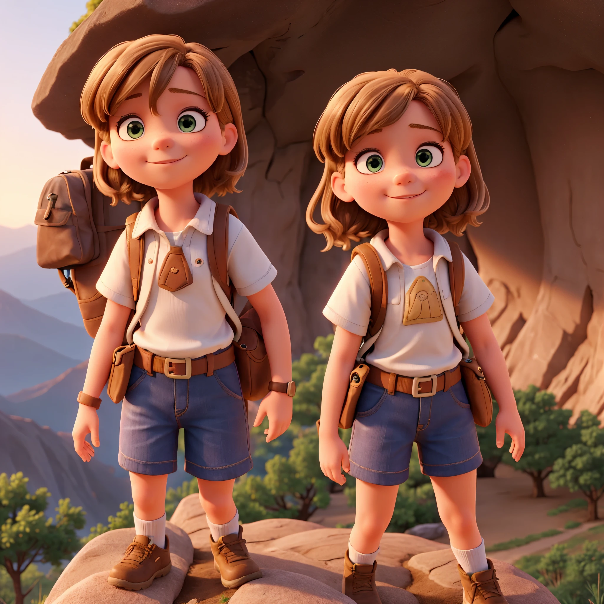 6 year old blonde girl with her brown haired father, wearing backpacks and climbing the mountain on a trail at dawn.