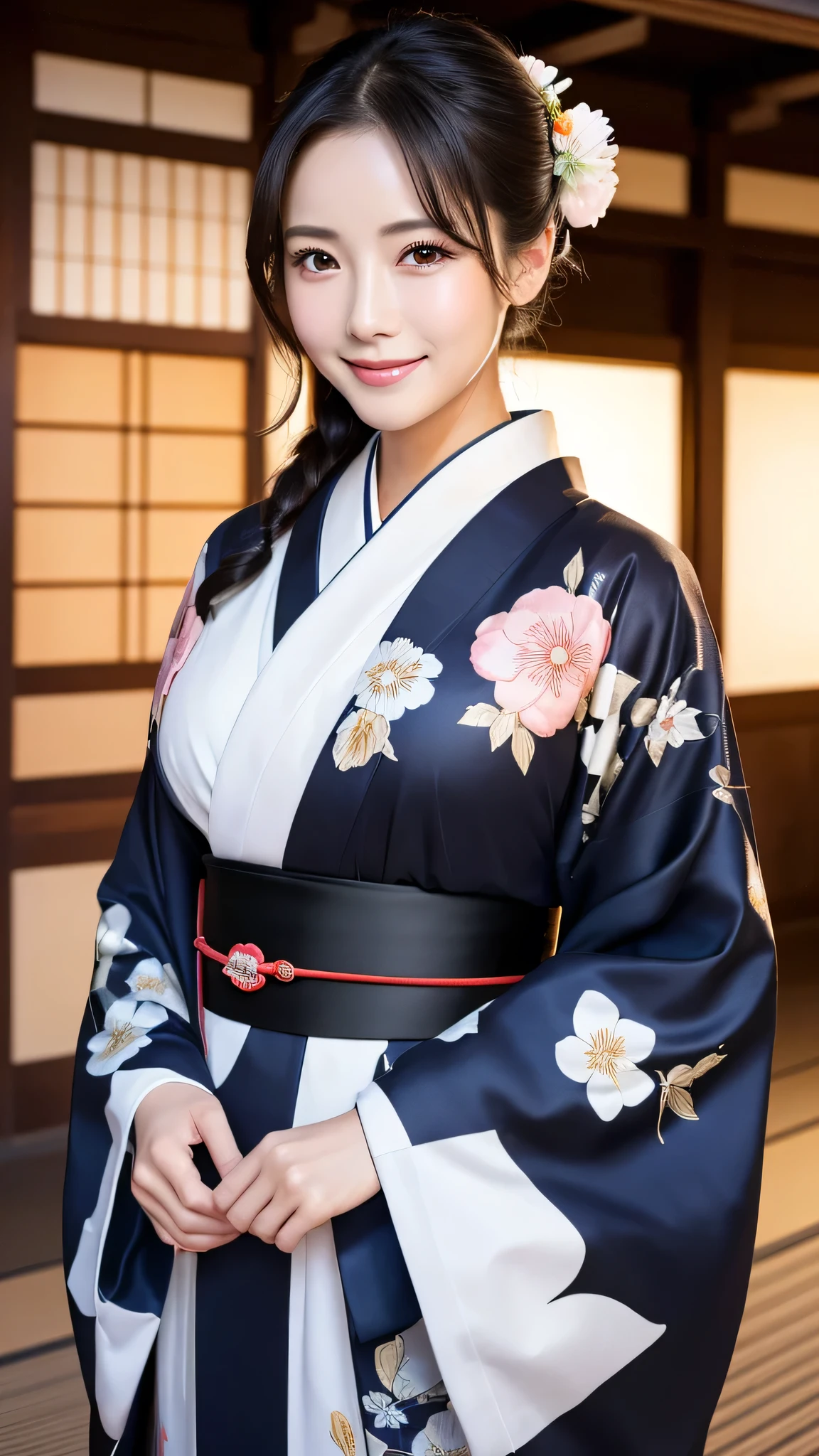 (Super beautiful woman in kimono)、((highest quality、8K masterpiece:1.3))、sharp focus:1.2、(super beautiful face:1.0)、(shiny skin:1.0)、realistic pictures、black hair、video lighting、High resolution eyes and face、video lighting、japanese actress、from the front、with a happy smile、whole body、wearing a kimono、in Kyoto、(luxury obi)