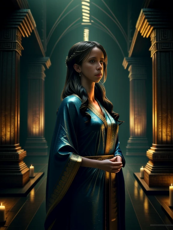 (masterpiece:1.2), (best quality,:1.2), 8k, HDR, ultra detailed, ((photorealistic)), professional light, cinematic lighting, fashion photography, ambient lighting, atmospheric effects, Jennifer Love Hewitt, as a fantasy priestess, upper body shot, wearing intricate robes, FanRo, magical temple,  (perfect hands), epiCPhoto