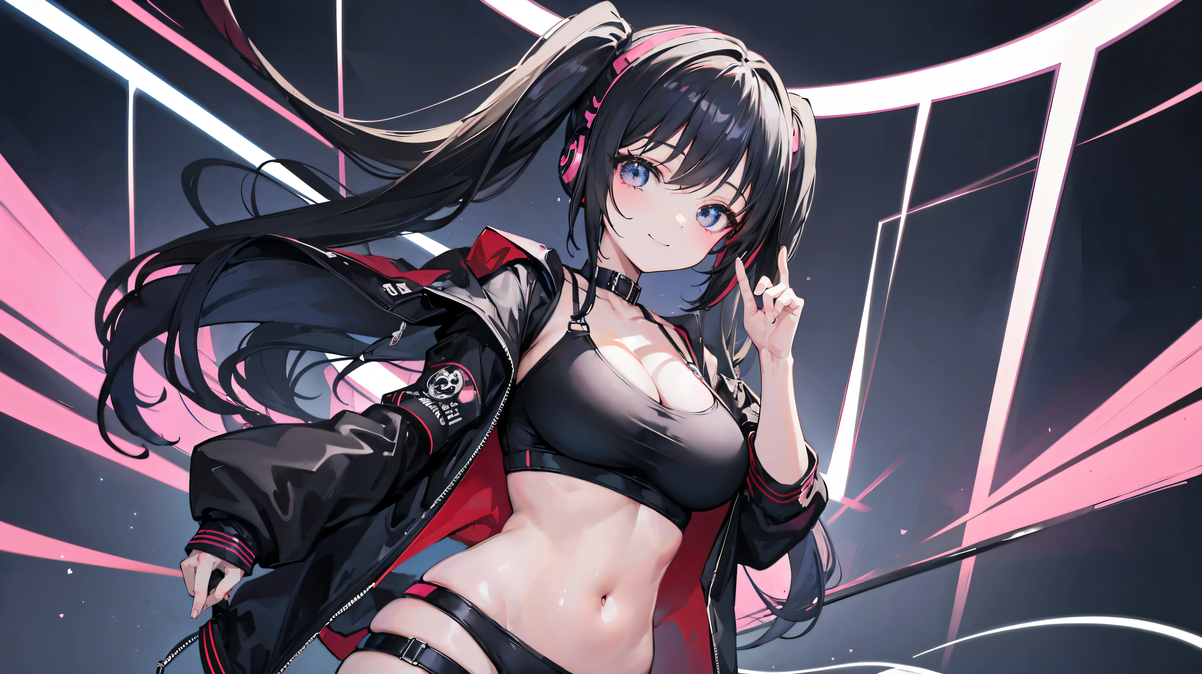 masterpiece,anime style,chibi,sexy girl,black hair,shoulder length hair with two pigtails,black jacket,with headphones,lo fi background,smiling,big breasts,listening to music,waiting on the right side of the image,showing cleavage,full body,standing,black t-shirt,