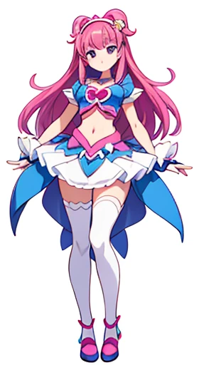 (((Best Quality))) , ((full body)), female, reference sheet, solo, (white background), precure costume, midriff