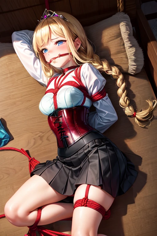 Shiny blond hair, very long hair, sophisticated haircut, ((((hair fully braided)))), ((small twisted braids)), thin and oval face, submissive, (((gagged))), ((((black tight corset)))), ((((tight skirt)))), cute and blushing 18 years old anime girl, look away because she is embarrassed and blushes, bright blue eyes, detailed face, detailed members, detailed arms, detailed hands, ((((sparkling diamond jewelry)))), tiara, ((makeup)), high heels, puffy sleeves, long gloves, long eyelashes, Girl lying, tied by ropes, shackled, can no longer move, tied tightly, very hard tied up with lots of ropes, hampered by so many ropes that she can no longer move, bound hands and feet, ropes tie his whole body, tied extremely tightly and forcefully to her bed by a lot of ropes, its limbs are strongly tied together by ropes, his torso is tied up with thick cords, her chest is so tied up with ropes that it sticks out, her legs are tied tightly with thick ropes, his hands are tied behind his back with ropes, she can no longer move her feet, her hands which are tied by thick ropes, she desperately tries to free herself, likes to be tied tight with big ropes, likes to be immobilized by big ropes, lying down, his hands and feet are strongly tied to the railing of his bed, his legs are pressed together and tied with ropes, its limbs are held vigorously by imposing ropes, her hands are tied securely behind her back by ropes, her chest is compressed by strong ropes, she is pressed against her bed and restrained by large ropes (shibari, arms behind the back:1.4), (hands on the back), (masterpiece, best quality) 1.5, 1girl, solo, (sexy, beautiful woman, perfect face, perfect eyes, perfect hands), samus aran, (shibari, arms behind the back:1.4), (hands on the back), Spread the legs, s&#39; ((lie in bed by big ropes)), ((close up of the girl)), ((((lie in bed))))