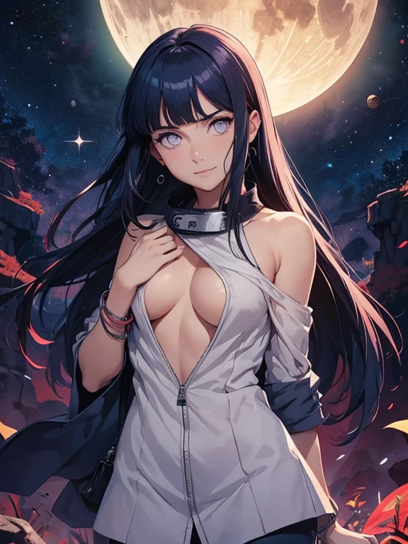 parte maestra, alto, alto quality, cara detallada, cuerpo detallado, cuerpo completo, Cuerpo delgado, desnudo, 1 chica, solo, hinata hyuuga, pelo azul, ojos blancos, desnudo shoulders, pechos grandes, collar, pulsera, adorno para el pelo, de pie, feliz, se sonroja, manos en el propio pecho, noche, espacio, nebulosa, Luna y estrellas, galaxia,