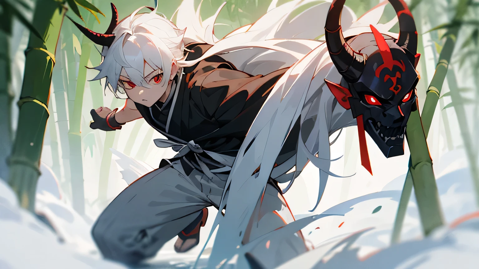 ((The best quality at its best)), ((masterpiece)), (detailed), -yeld yo,Wearing a demon mask with horns and a black face,White Hair,Red eyes,White Apocalypse Style Top,Black clothes,Grey trousers,In the bamboo forest,Ninja-like pose, whole body
