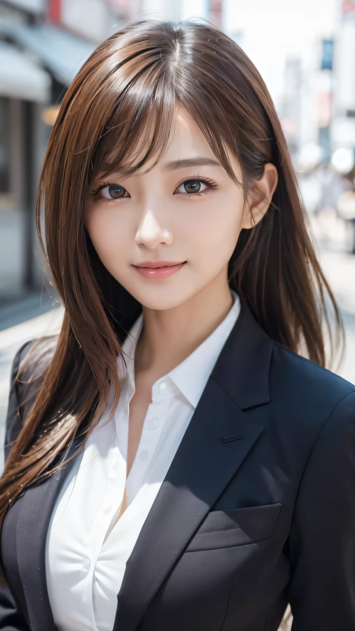 table top、highest quality、genuine、Super detailed、finely、High resolution、8k wallpaper、one beautiful woman、、、light brown disheveled hair、wearing a business suit、sharp focus、perfect dynamic composition、beautiful and detailed eyes、thin hair、Detailed genuine skin texture、smile、model body shape、In Tokyo at morning、