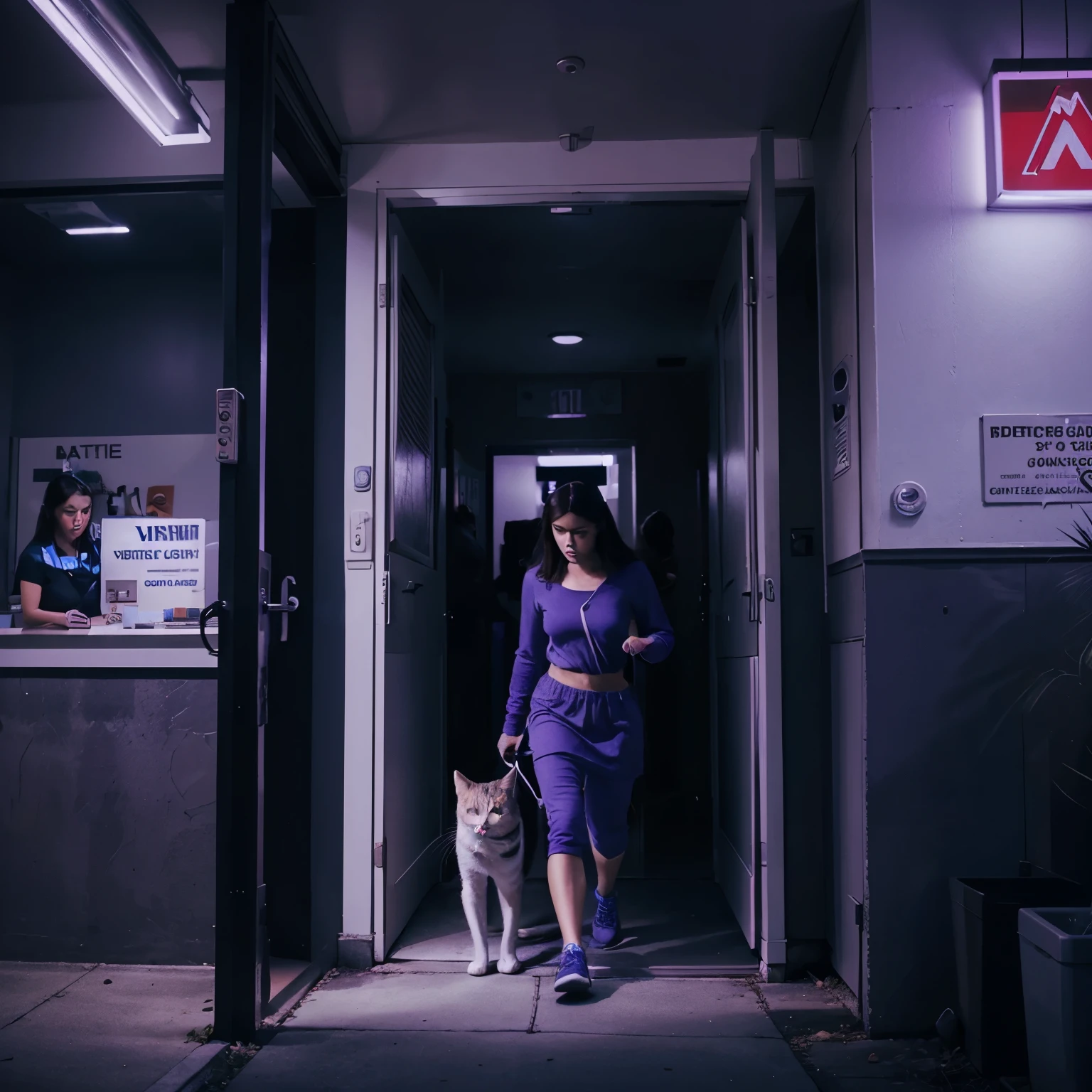 Illustrate a nighttime scene in a digital comic style showing a young woman rushing her cat into an emergency vet clinic. The woman is on the right, looking anxious, and the clinic’s entrance is on the left with space for text. Use vivid blues and purples to create a sense of urgency.
