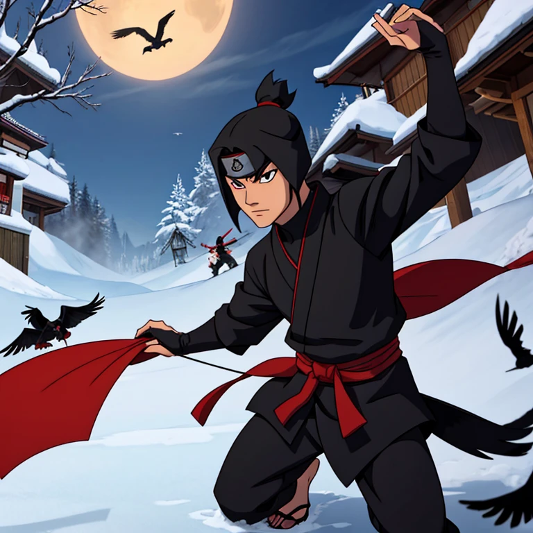 Japanese ninja using ninjutsu with crows in the background
