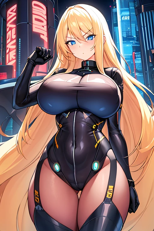 1girl, blonde hair, long hair, blue eyes, serious, black bodysuit, huge breasts, breasts, thick thighs, pilot suit, futurustic, machinery, tech, science-fiction, neon trim, neon lights, bodysuit, mature female, hourglass figure, toned, 