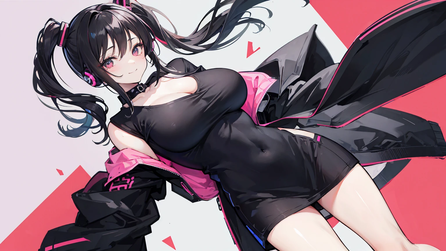 masterpiece,anime style,chibi,sexy girl,black hair,shoulder length hair with two pigtails,black jacket,with headphones,lo fi background,smiling,big breasts,listening to music,waiting on the right side of the image,showing cleavage,full body,standing,black t-shirt,