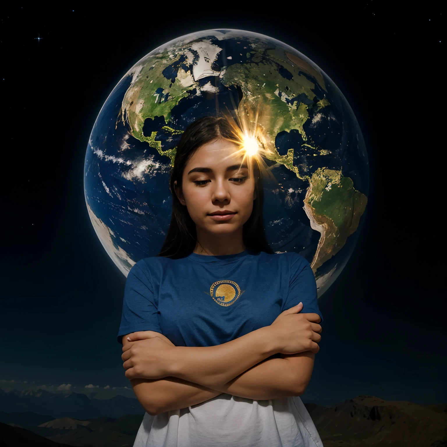 [Illustration of a person hugging the Earth, con una estrella brillante sobre su cabeza, representing the importance of ecological conversion to protect and preserve God&#39;s work.]