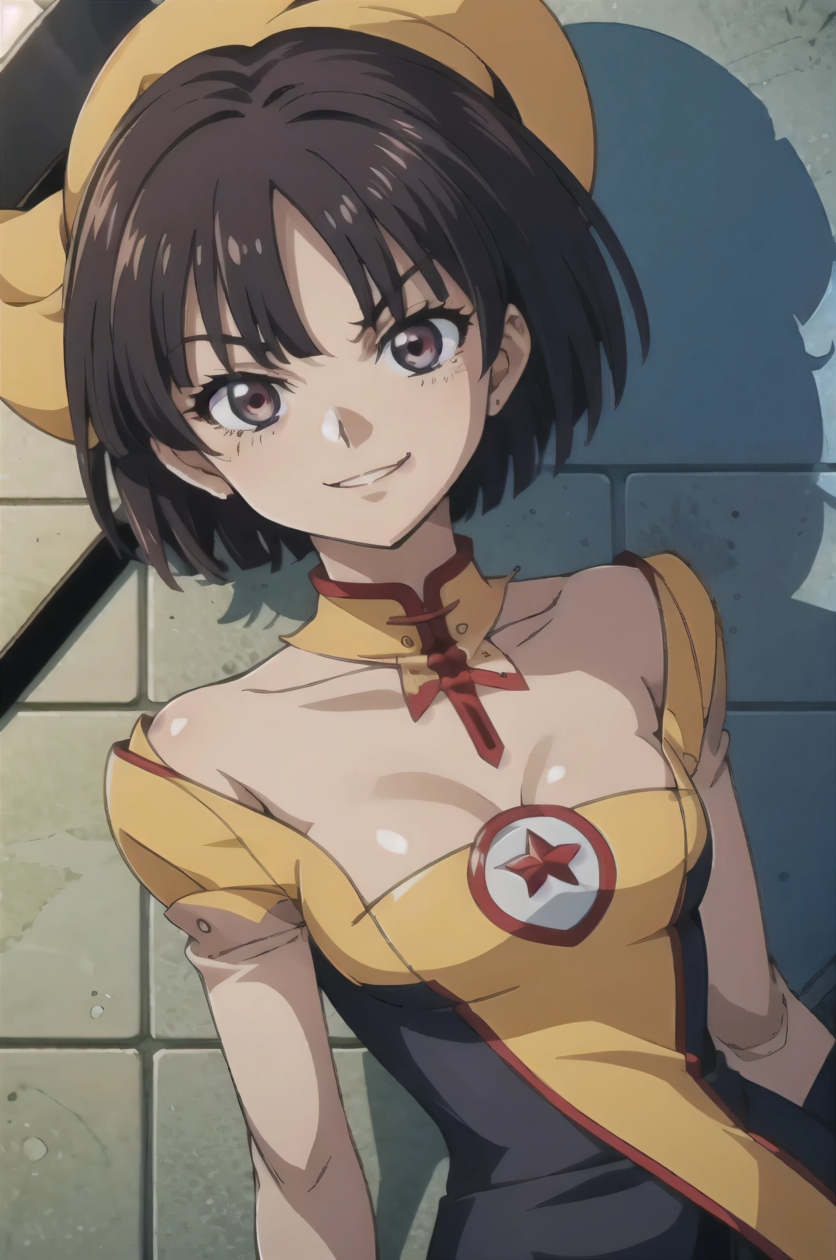 (best_quality),from_below,(anime_screencap),(1girl,solo),dynamic_angle,evil_smile,tis,bob short hair,