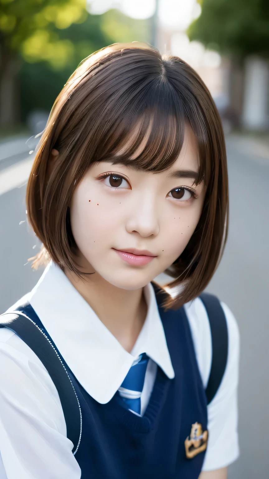8k, highest quality, masterpiece, Realistic, Realistic, Very detailed, Natural light, Highly detailed face and skin, Fine grain, Highly detailed face and skinの中間ショット, Beautiful woman staring at camera, Beautiful Face, Realistic Face, Detailed face, Beautiful hairstyle, Realistic eyes, fine grain, Realistic Skin, Detailed skin, Beautiful Skin, charm, Ultra-realistic, , kind, Brown Hair, (((school uniform,Cute Japanese Girl, whole body,There is a mole around the mouth,Crouching,)))