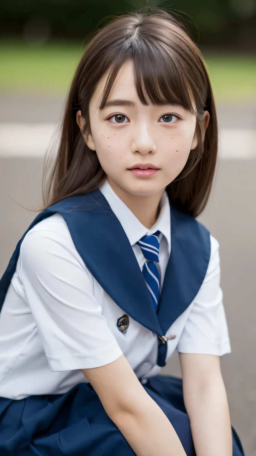 8k, highest quality, masterpiece, Realistic, Realistic, Very detailed, Natural light, Highly detailed face and skin, Fine grain, Highly detailed face and skinの中間ショット, Beautiful woman staring at camera, Beautiful Face, Realistic Face, Detailed face, Beautiful hairstyle, Realistic eyes, fine grain, Realistic Skin, Detailed skin, Beautiful Skin, charm, Ultra-realistic, , kind, Brown Hair, (((school uniform,Cute Japanese Girl, whole body,There is a mole around the mouth,Crouching,)))