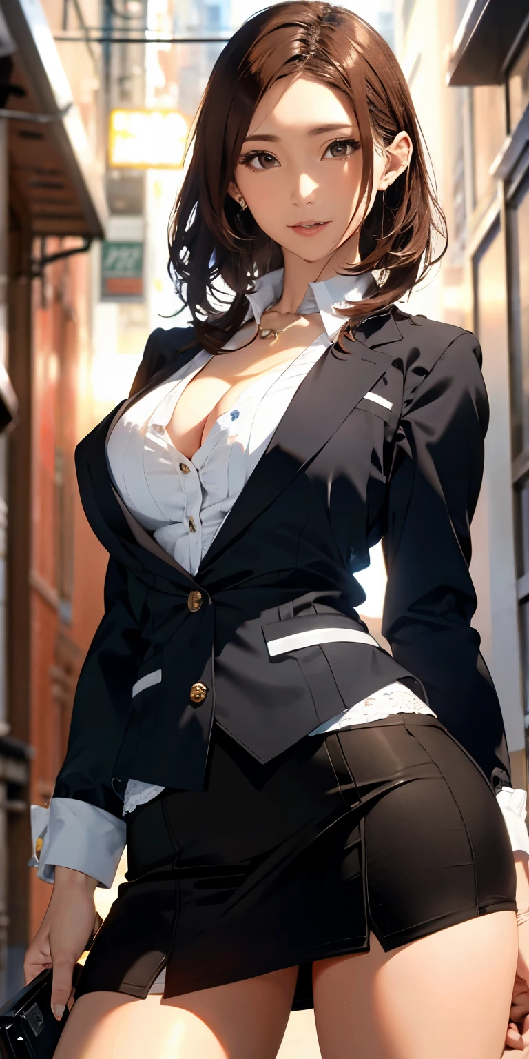 Absurd resolution, A high resolution, (tmasterpiece:1.4), ((gigantic braests)), ultra - detailed, 1girll, brown color eyes, cabelos preto e longos，Wear a police uniform and a short skirt, the city street,sexyposture, The camera is close to the body