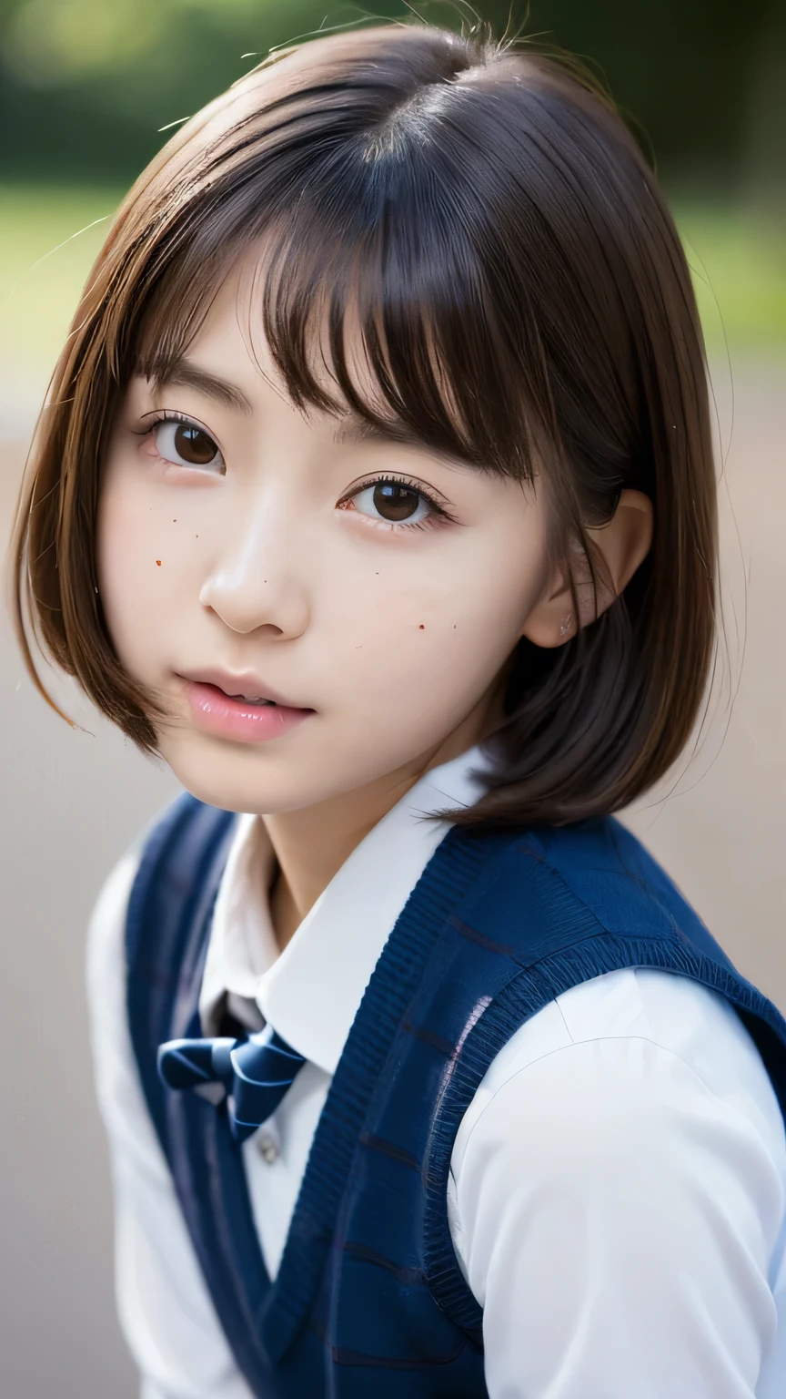 8k, highest quality, masterpiece, Realistic, Realistic, Very detailed, Natural light, Highly detailed face and skin, Fine grain, Highly detailed face and skinの中間ショット, Beautiful woman staring at camera, Beautiful Face, Realistic Face, Detailed face, Beautiful hairstyle, Realistic eyes, fine grain, Realistic Skin, Detailed skin, Beautiful Skin, charm, Ultra-realistic, , kind, Brown Hair, (((school uniform,Cute Japanese Girl, whole body,There is a mole around the mouth,Crouching,)))