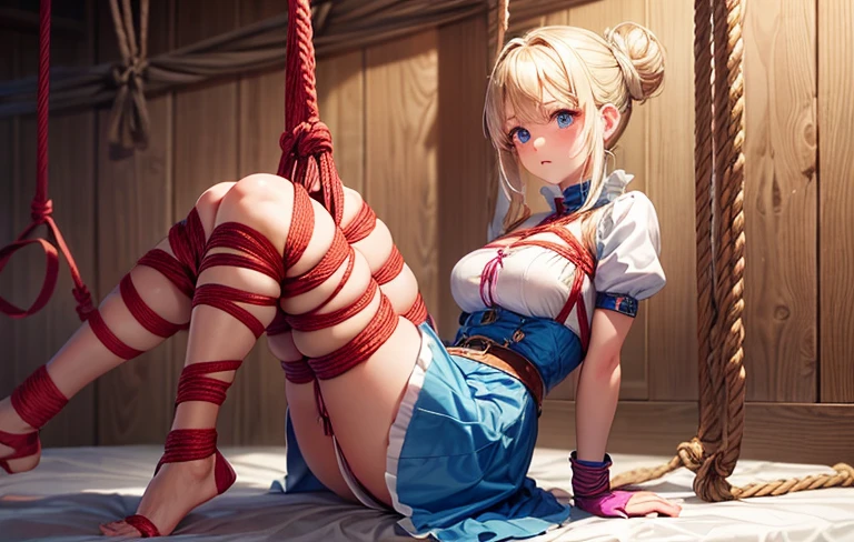 piperBS, 1girl, blonde hair, hair bun, blue dress, puffy sleeves, short sleeves, pink gloves, fingerless gloves, pink belt, shoes, blue footwear, cute and blushing 18 years old anime girl, look away because she is embarrassed and blushes, bright blue eyes, detailed face, detailed members, detailed arms, detailed hands, Girl lying, tied by ropes, shackled, can no longer move, tied tightly, very hard tied up with lots of ropes, hampered by so many ropes that she can no longer move, bound hands and feet, ropes tie his whole body, tied extremely tightly and forcefully to her bed by a lot of ropes, its limbs are strongly tied together by ropes, his torso is tied up with thick cords, her chest is so tied up with ropes that it sticks out, her legs are tied tightly with thick ropes, his hands are tied behind his back with ropes, she can no longer move her feet, her hands which are tied by thick ropes, she desperately tries to free herself, likes to be tied tight with big ropes, likes to be immobilized by big ropes, lying down, his hands and feet are strongly tied to the railing of his bed, his legs are pressed together and tied with ropes, its limbs are held vigorously by imposing ropes, her hands are tied securely behind her back by ropes, her chest is compressed by strong ropes, she is pressed against her bed and restrained by large ropes, (shibari, arms behind the back:1.4), (hands on the back), (masterpiece, best quality) 1.5, 1girl, solo, (sexy, beautiful woman, perfect face, perfect eyes, perfect hands), samus aran, (hands on the back), Spread the legs, s' ((lie in bed by big ropes)), ((close up of the girl)), ((((lie in bed)))), ((((arms tied behind the back, Legs Tied,La fille est allongée sur le ventre, La fille est allongée sur le sol:1.5)))), ((((girl seen from behind:1.4)))), ((((girl lying down on her stomach:1.4)))), ((((Outstretched arms:1.5)))), ((((Detailed hands:1.5))))
